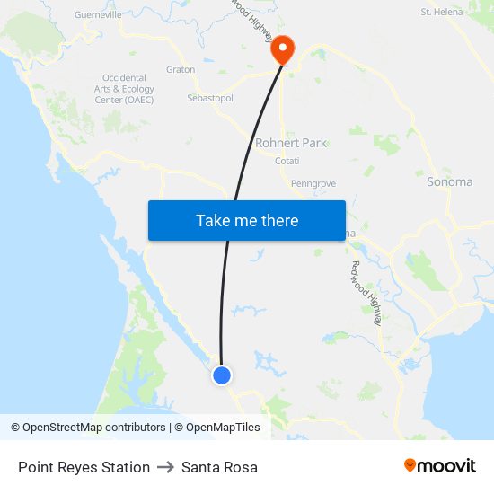 Point Reyes Station to Santa Rosa map