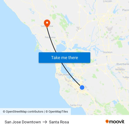 San Jose Downtown to Santa Rosa map