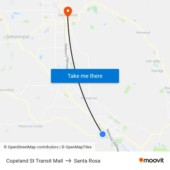 Copeland St Transit Mall to Santa Rosa map