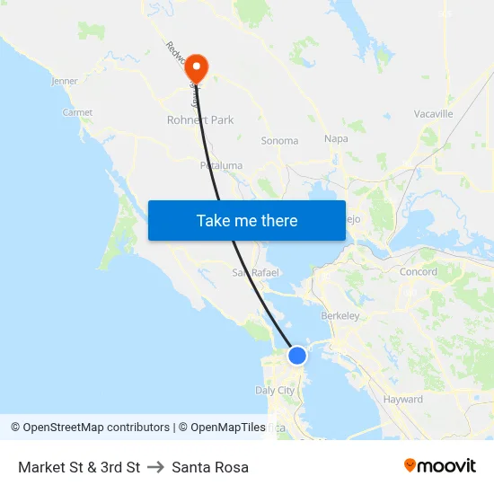 Market St & 3rd St to Santa Rosa map