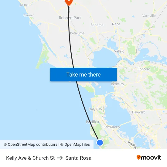 Kelly Ave & Church St to Santa Rosa map