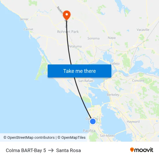Colma BART-Bay 5 to Santa Rosa map