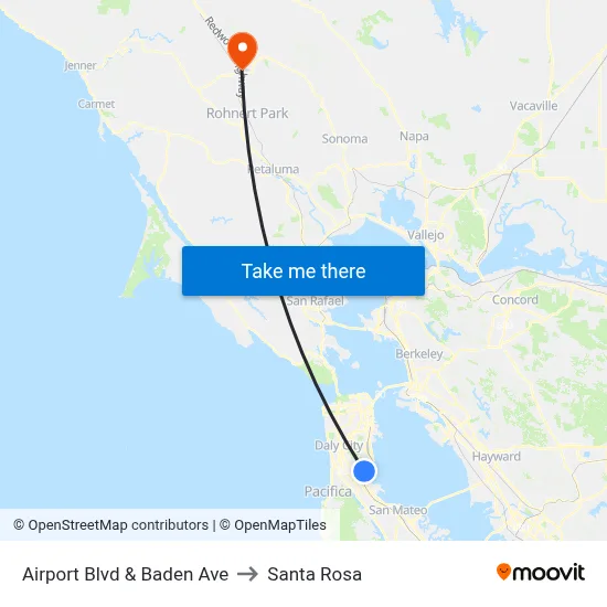 Airport Blvd & Baden Ave to Santa Rosa map
