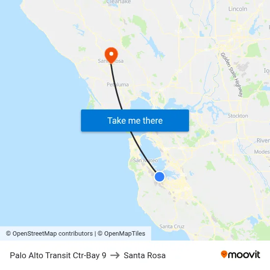 Palo Alto Transit Ctr-Bay 9 to Santa Rosa map