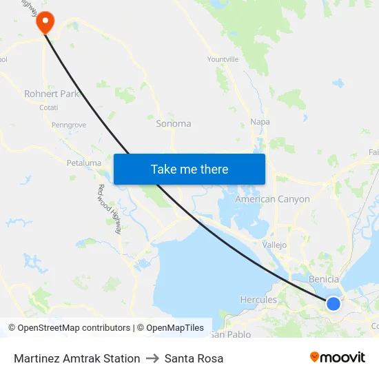 Martinez Amtrak Station to Santa Rosa map