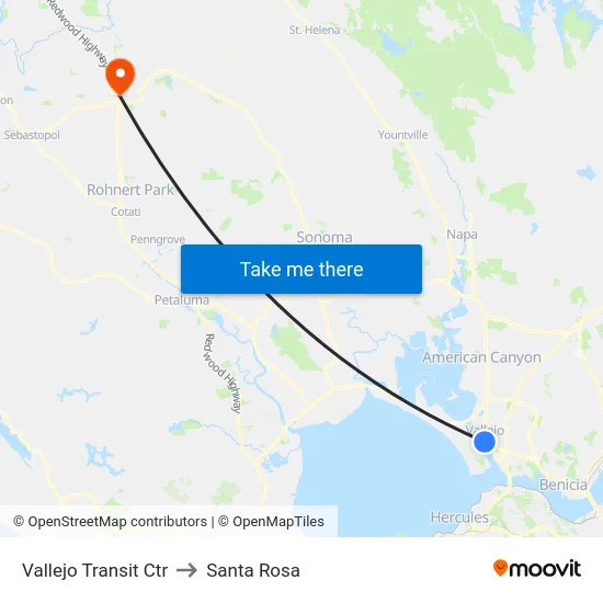 Vallejo Transit Ctr to Santa Rosa map