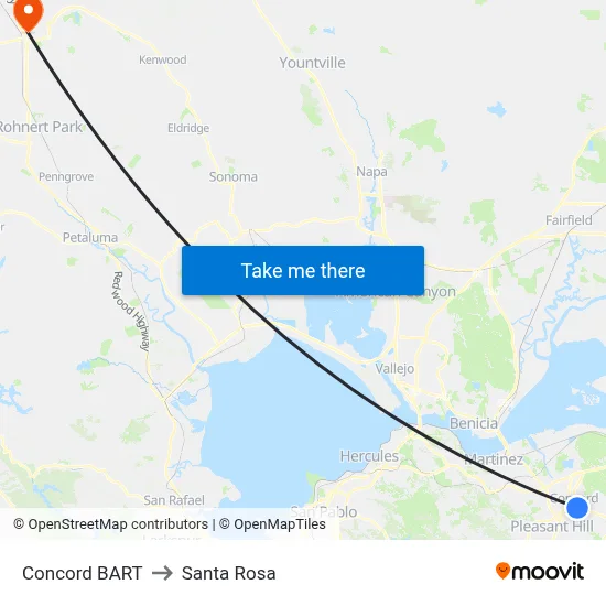 Concord BART to Santa Rosa map