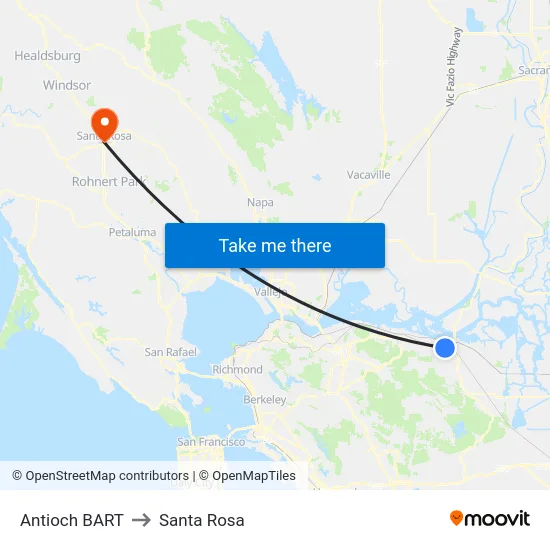 Antioch BART to Santa Rosa map
