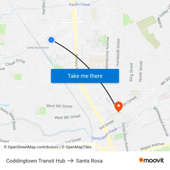Coddingtown Transit Hub to Santa Rosa map