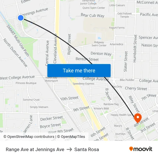 Range Ave at Jennings Ave to Santa Rosa map