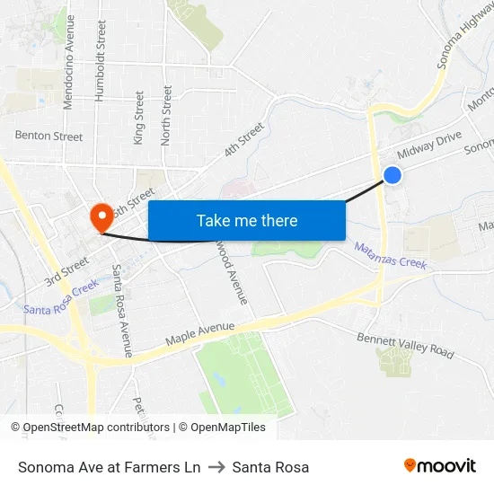 Sonoma Ave at Farmers Ln to Santa Rosa map