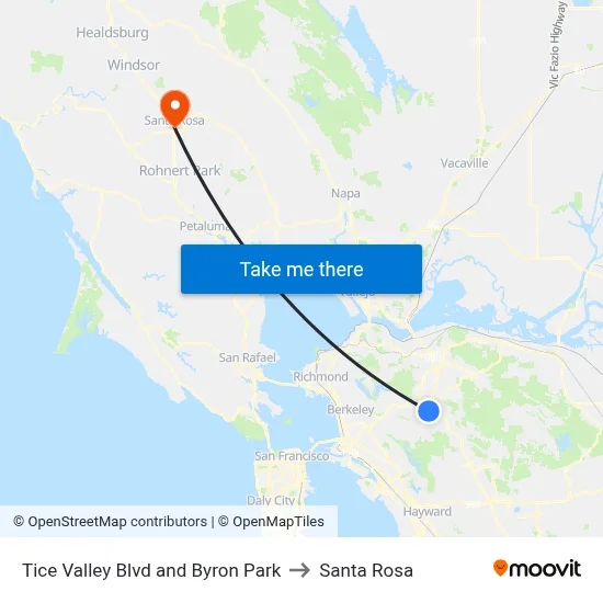 Tice Valley Blvd and Byron Park to Santa Rosa map