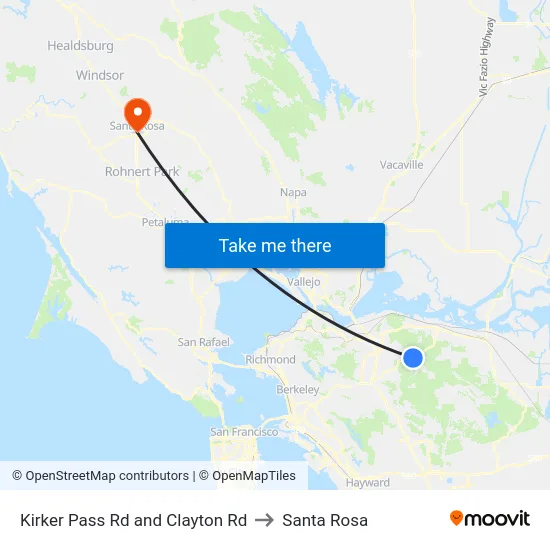 Kirker Pass Rd and Clayton Rd to Santa Rosa map