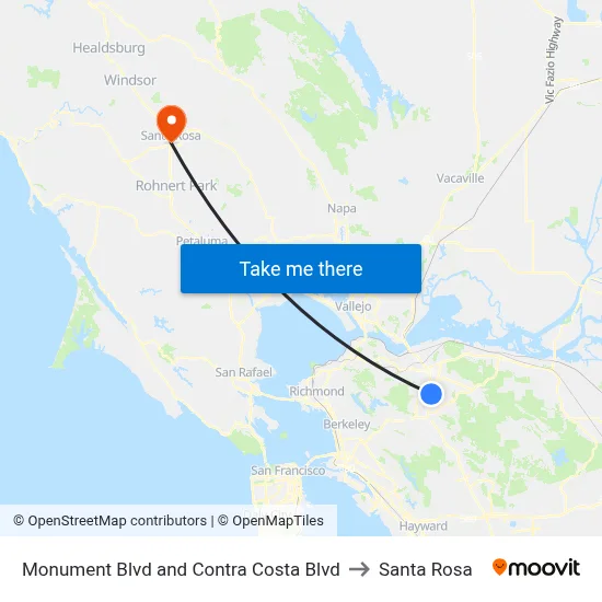 Monument Blvd and Contra Costa Blvd to Santa Rosa map