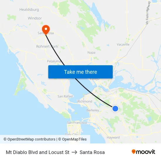 Mt Diablo Blvd and Locust St to Santa Rosa map