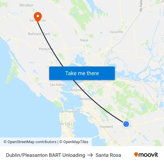 Dublin/Pleasanton BART Unloading to Santa Rosa map