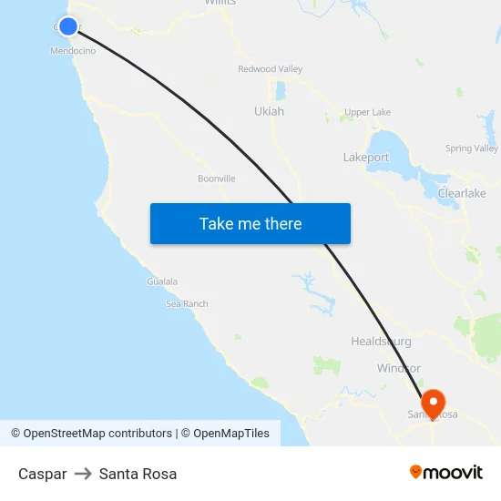 Caspar to Santa Rosa map