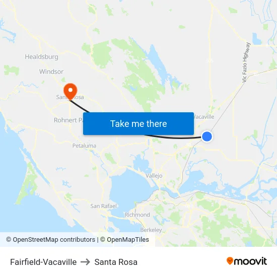 Fairfield-Vacaville to Santa Rosa map