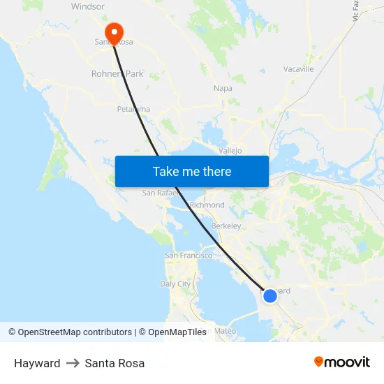 Hayward to Santa Rosa map