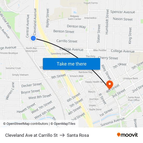 Cleveland Ave at Carrillo St to Santa Rosa map