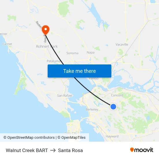 Walnut Creek BART to Santa Rosa map