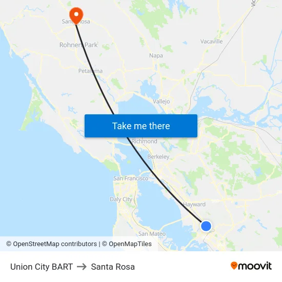 Union City BART to Santa Rosa map
