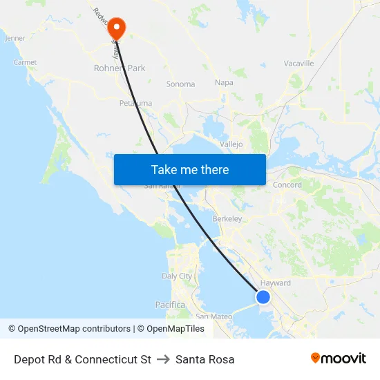 Depot Rd & Connecticut St to Santa Rosa map