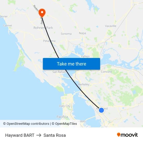Hayward BART to Santa Rosa map