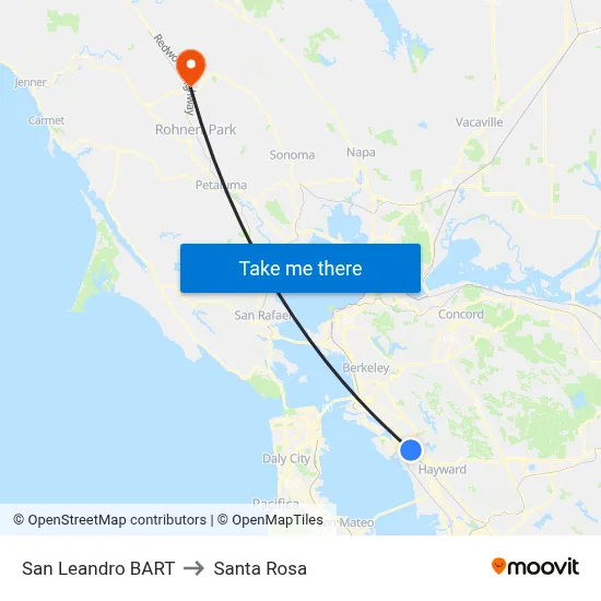 San Leandro BART to Santa Rosa map