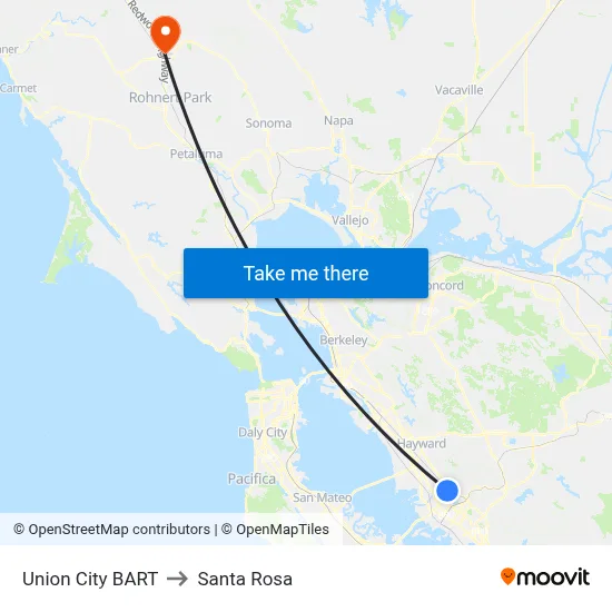 Union City BART to Santa Rosa map