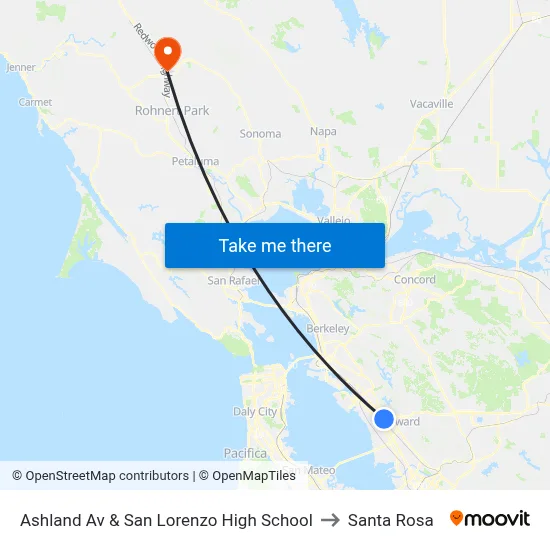 Ashland Av & San Lorenzo High School to Santa Rosa map