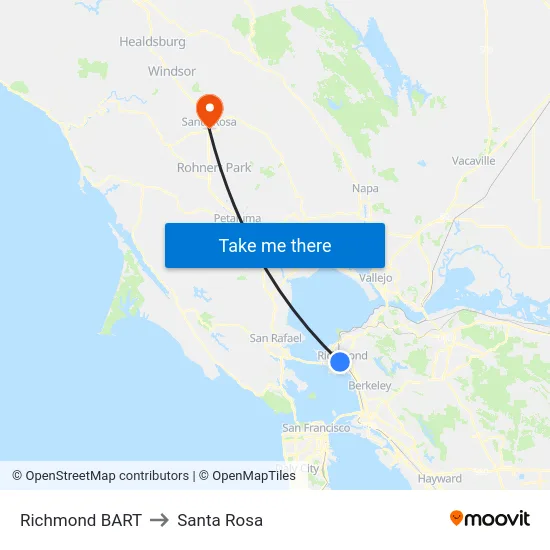 Richmond BART to Santa Rosa map