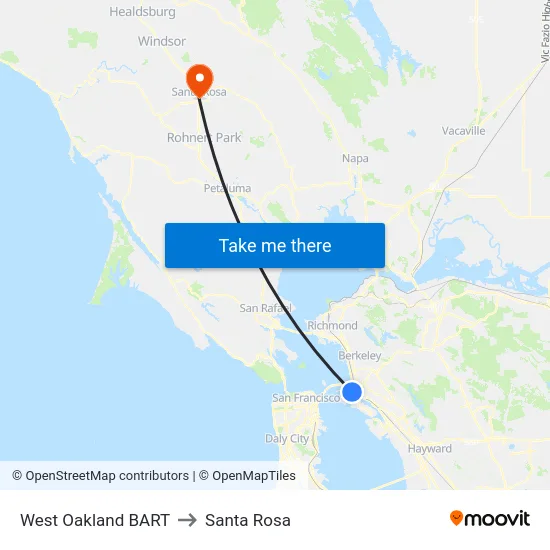 West Oakland BART to Santa Rosa map