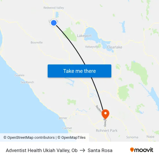 Adventist Health Ukiah Valley, Ob to Santa Rosa map