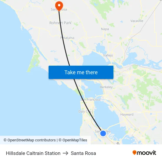 Hillsdale Caltrain Station to Santa Rosa map