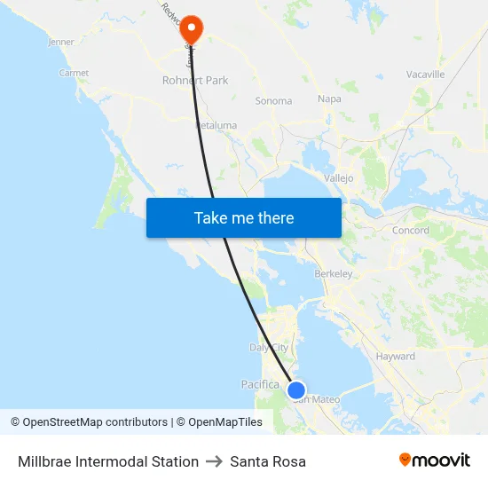 Millbrae Intermodal Station to Santa Rosa map