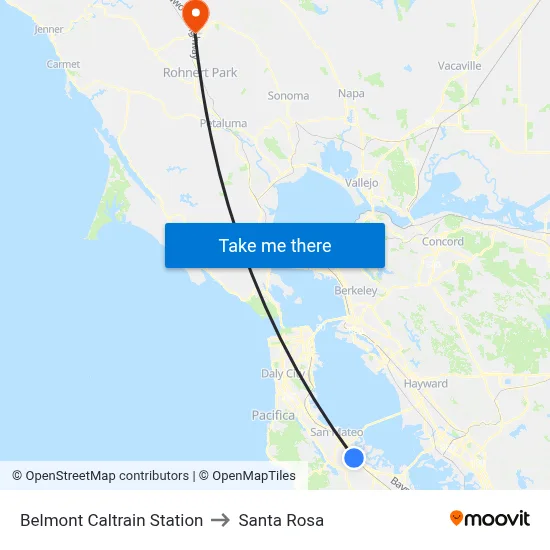 Belmont Caltrain Station to Santa Rosa map
