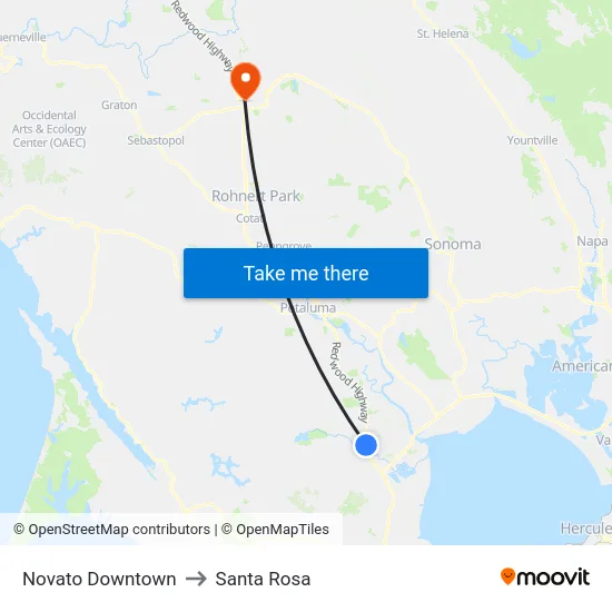 Novato Downtown to Santa Rosa map