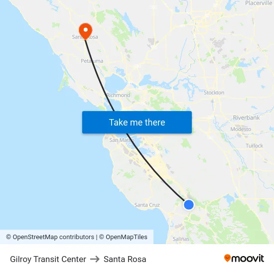 Gilroy Transit Center to Santa Rosa map