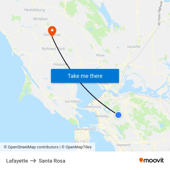 Lafayette to Santa Rosa map