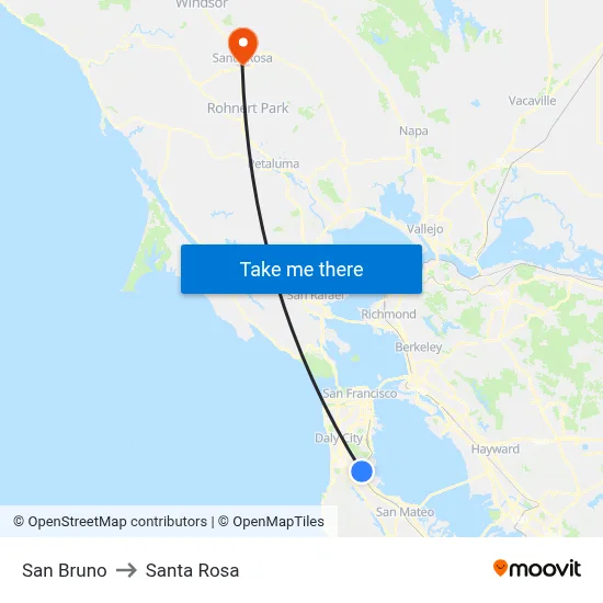 San Bruno to Santa Rosa map