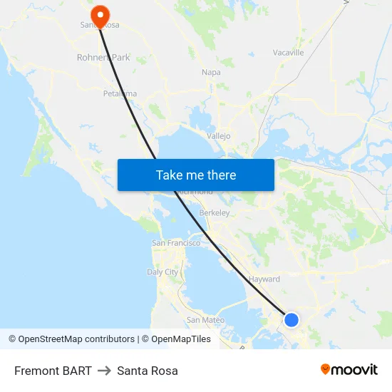 Fremont BART to Santa Rosa map