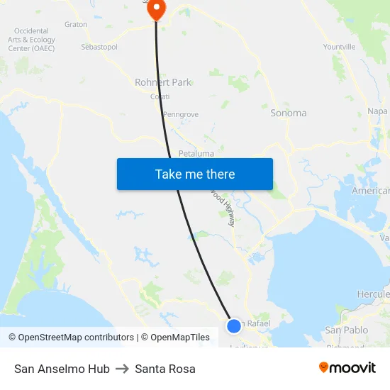 San Anselmo Hub to Santa Rosa map