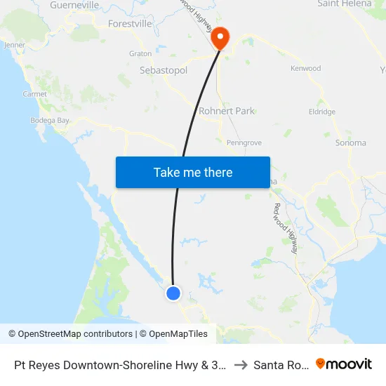 Pt Reyes Downtown-Shoreline Hwy & 3rd St to Santa Rosa map