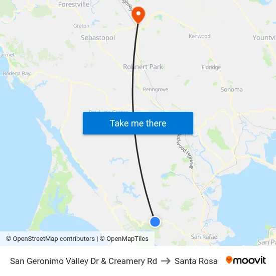 San Geronimo Valley Dr & Creamery Rd to Santa Rosa map