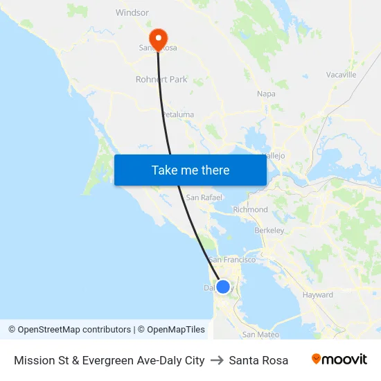 Mission St & Evergreen Ave-Daly City to Santa Rosa map