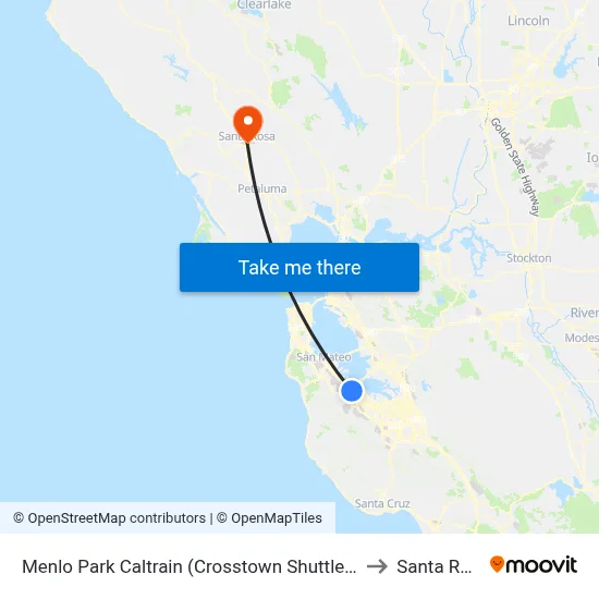 Menlo Park Caltrain (Crosstown Shuttle Stop) to Santa Rosa map