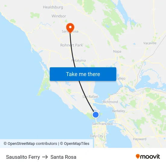 Sausalito Ferry to Santa Rosa map
