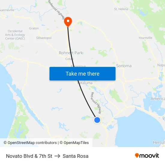 Novato Blvd & 7th St to Santa Rosa map