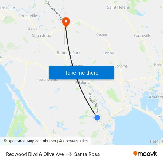 Redwood Blvd & Olive Ave to Santa Rosa map